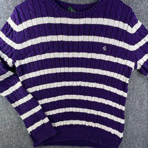 Lauren Ralph Lauren Purple and White Striped Cable Knit Sweater